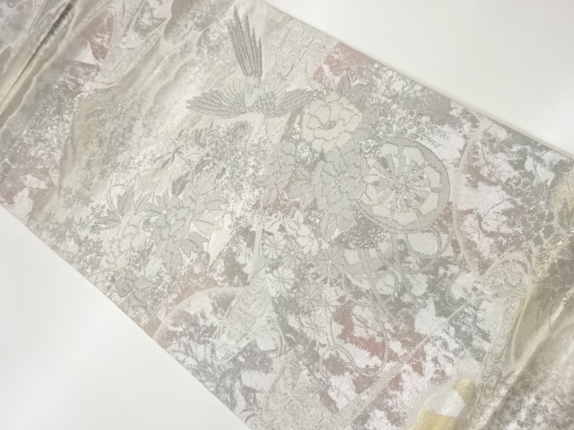 プラチナ箔花車に鶴模様織出し袋帯